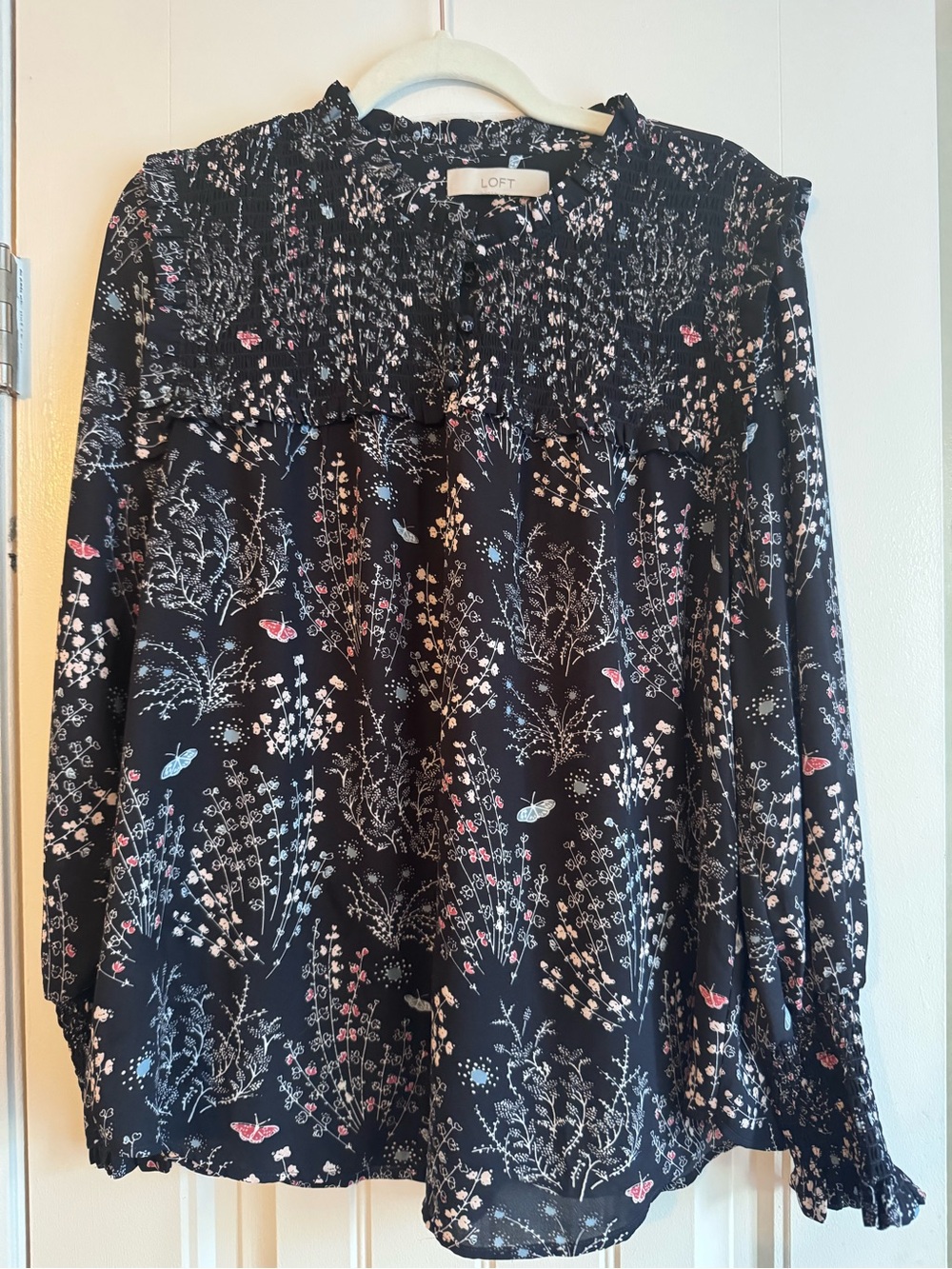 LOFT Navy/Gray Floral Smocked Long-Sleeve Blouse